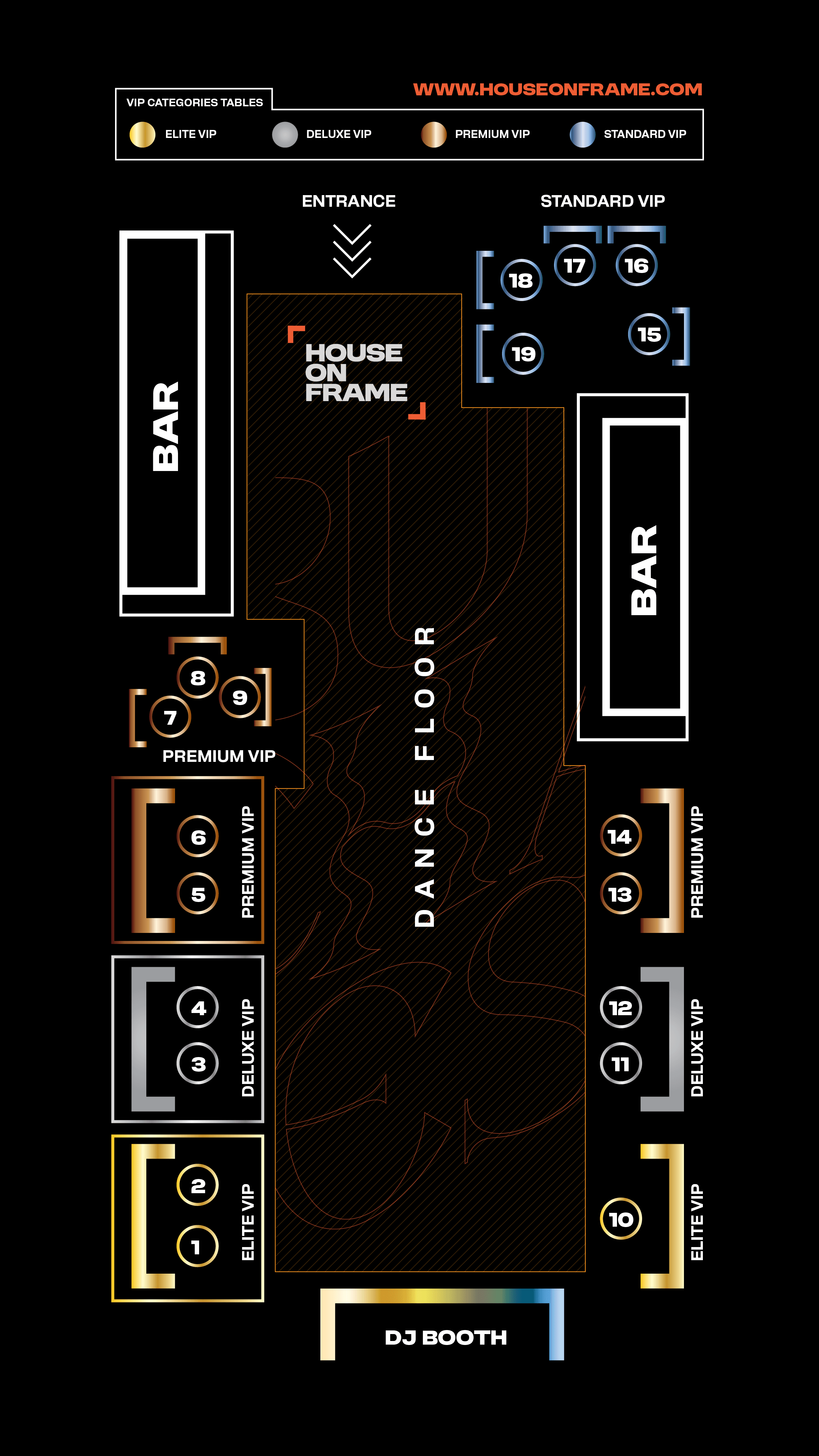 HOUSE ON FRAME floor plan: entrance at top, dance floor and DJ booth, bars, and numbered VIP tables 1–19 by tier (gold, silver, bronze, blue).